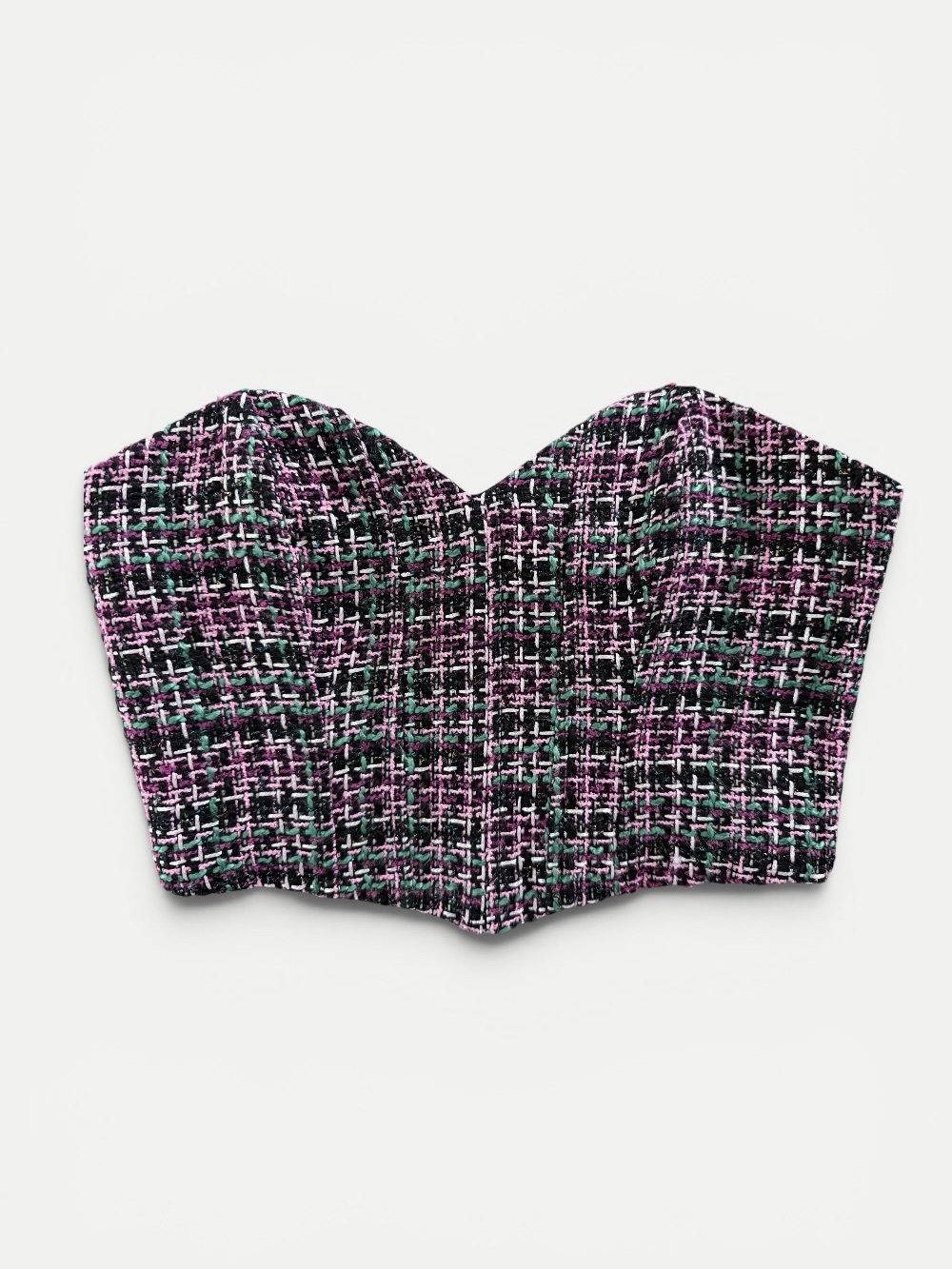 Zara Tweed Corset Bustier Top – Pink/Black/Green Plaid – Size Small